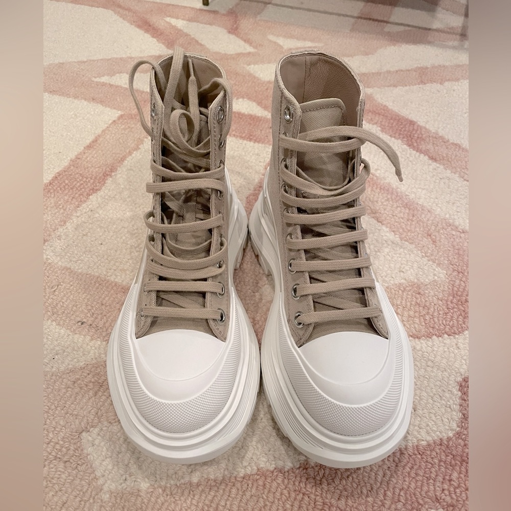 Alexander McQueen Tread Slick Canvas Lace Up Sneakers in Tan